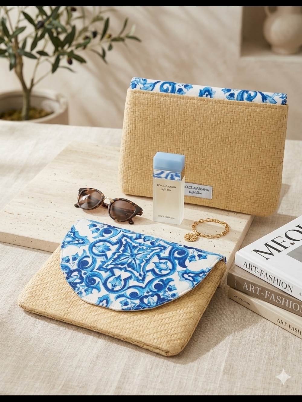 Dolce & Gabbana Natural Straw Clutch with Blue Tile-Print Trim
